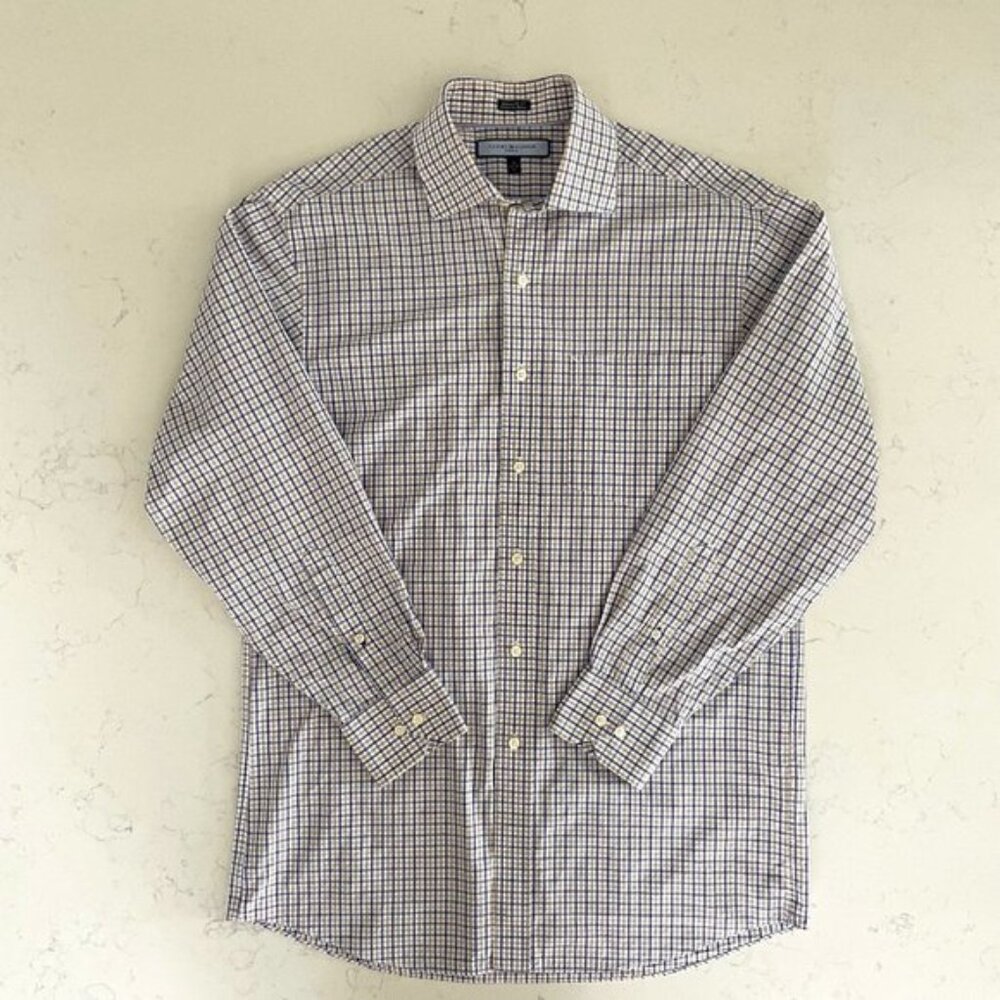 Tommy Hilfiger Ithaca LS Button Down Check Print Dress Shirt Blue Wht Tan Sz 15